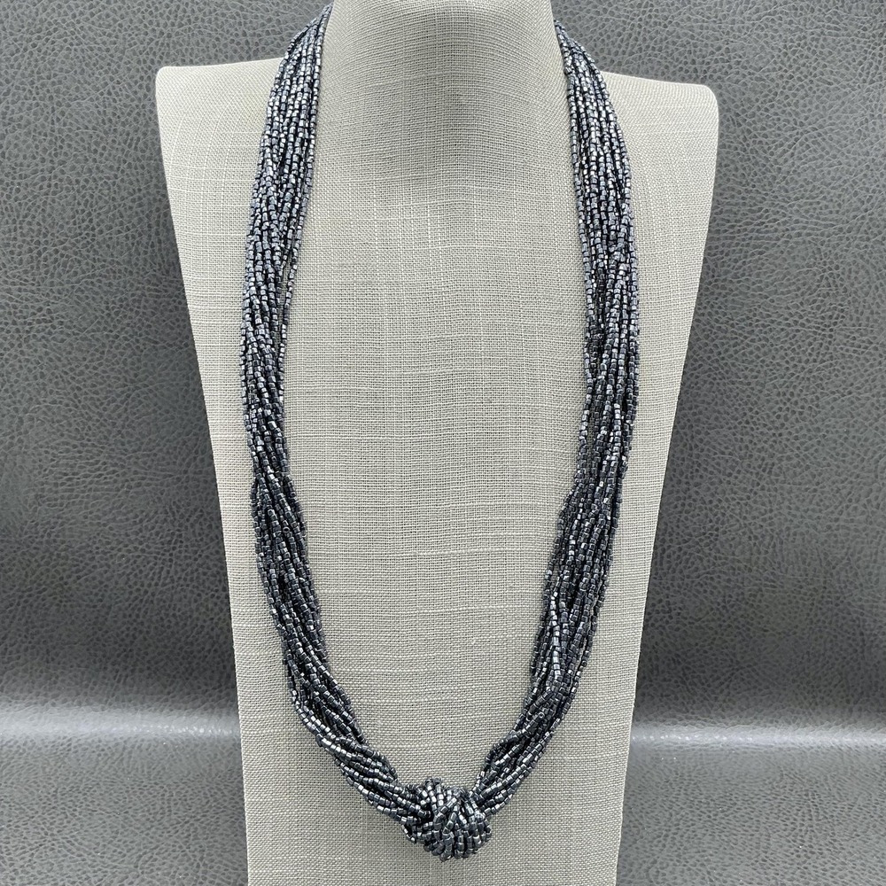 Dauplaise Multi Strand Gunmetal Glass Seed Bead Knotted Torsade Necklace Signed